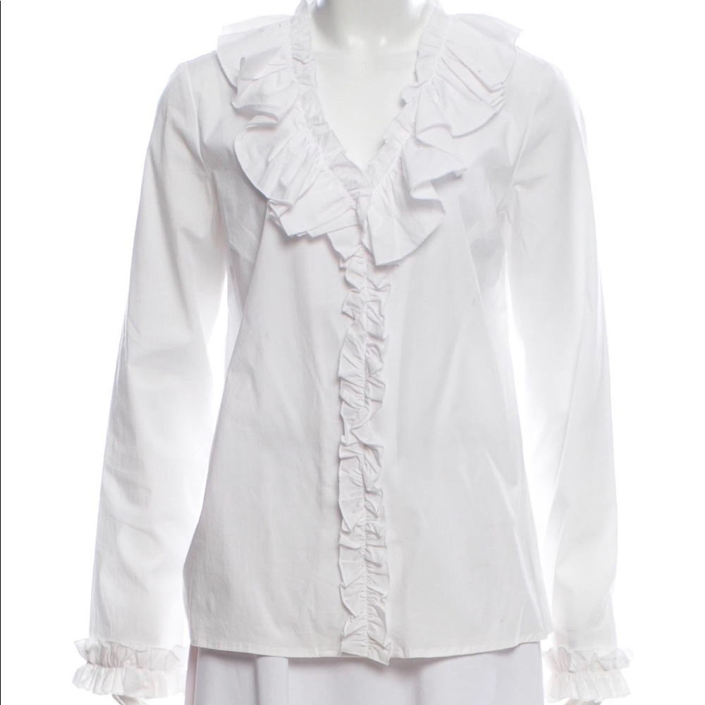 Tory Burch White Ruffle Button-Up Blouse